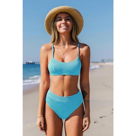 NWT Cupshe Sea Blue Rib Scoop Bralette High Waist Bikini Set - Size Small - Picture 1 of 3